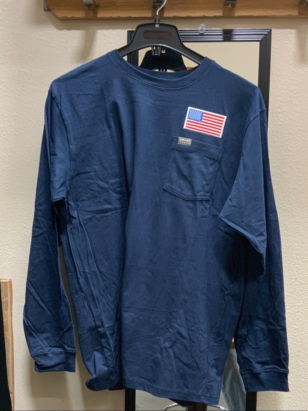 Ariat Navy Long Sleeve Pocket Tee with Flag Patch